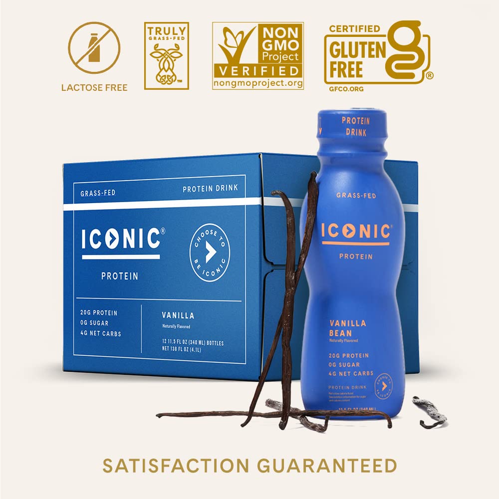 Iconic Protein Drinks, Vanilla Bean (12 Pack) - Sugar Free & Low Carb - 20g Grass Fed Protein - Lactose Free, Gluten Free, Non-GMO, Kosher - Keto