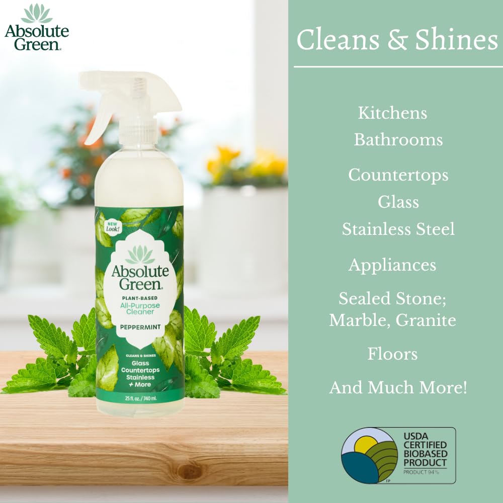 Absolute Green All Purpose Cleaner Spray, Non-Toxic, Kitchen, Bathroom, Countertop, Windows, Safe around Kids and Pets, Natural Peppermint Scent, 25