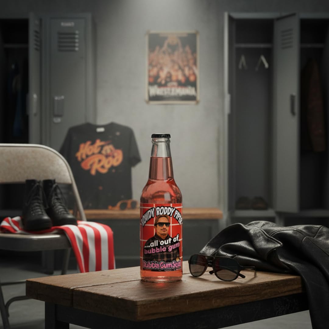Rocket Fizz Rowdy Roddy Piper Bubble Gum Soda Flavor | Cane Sugar | Craft Soda Pop Drinks | 12 oz in Glass Bottle (6 Pack)