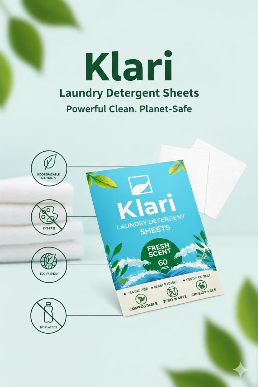 Klari Laundry Detergent Sheets, Fresh Scent, 60 Load Count - Eco-friendly, liquidless concentrated detergent sheets, zero plastic waste, gentle on