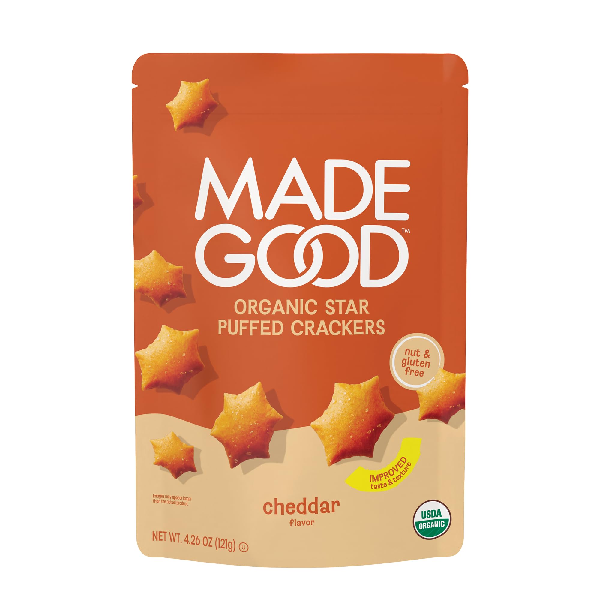 MadeGood Cheddar Star Puffed Crackers, 4.26oz Pouch, Organic Snacks