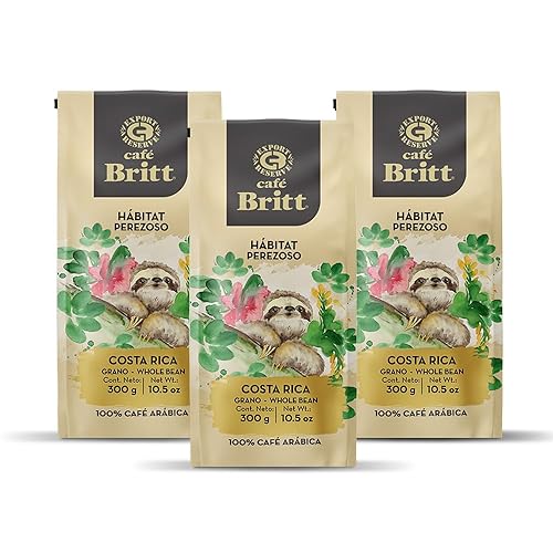 Café Britt® - Costa Rican Habitat Sloth Coffee (10.5 oz.) (3-Pack) - Whole Bean, Arabica Coffee, Kosher, Gluten Free, 100% Gourmet & Medium Light