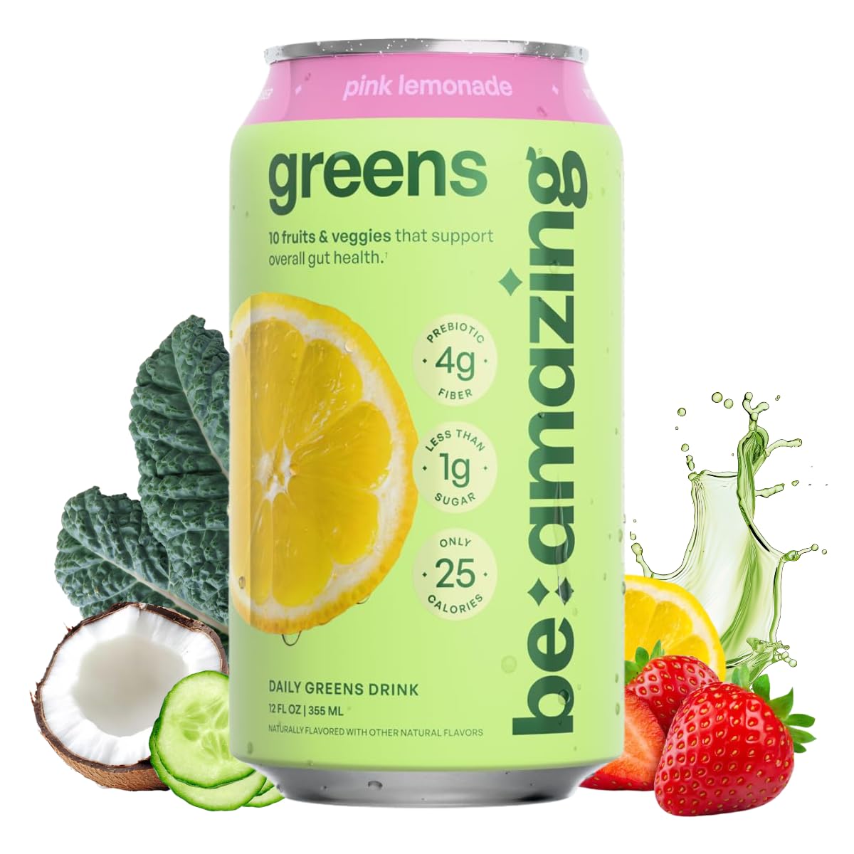 Be Amazing Greens Drink, Pink Lemonade, Ready to Drink, 10 Organic Fruits & Vegetables, Coconut Water, Vitamin C, Prebiotic Fiber, 25 Calories, Low