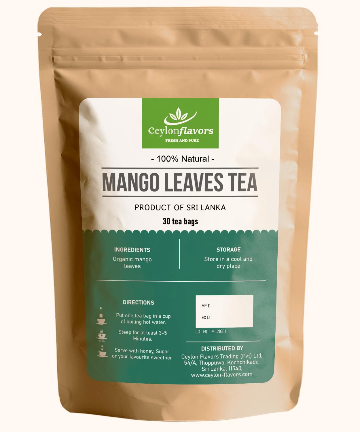 CEYLONFLAVORS FRESH AND PURE Naturally Grown Mango Leaf Tea Bags / 30 Count