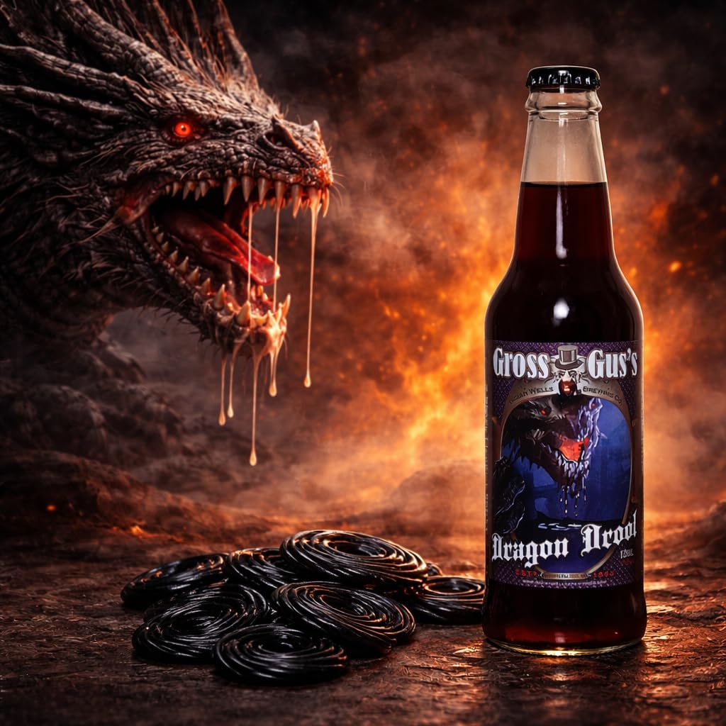 Rocket Fizz Gross Gus Dragon Drool Black Licorice Soda Flavor | Cane Sugar | Craft Soda Pop Drinks | 12 oz in Glass Bottle (Single Bottle)