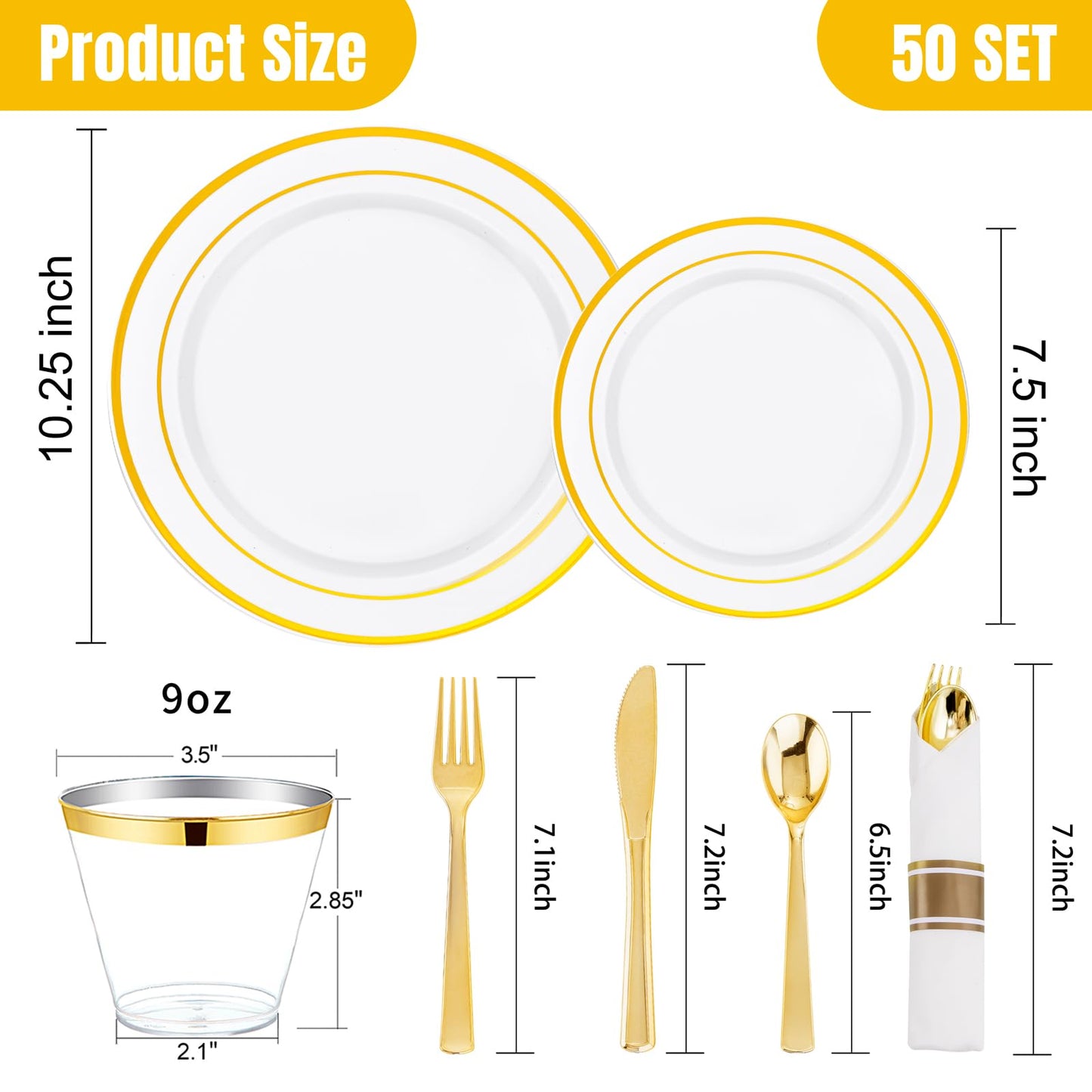 WELLIFE 350Pcs Gold Plastic Plates for 50 Guests - Plastic Dinnerware Set, Includes 100 Party Plates,150 Gold Silverware Disposable,50 Napkins,50