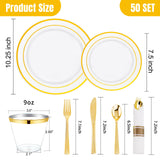 WELLIFE 350Pcs Gold Plastic Plates for 50 Guests - Plastic Dinnerware Set, Includes 100 Party Plates,150 Gold Silverware Disposable,50 Napkins,50
