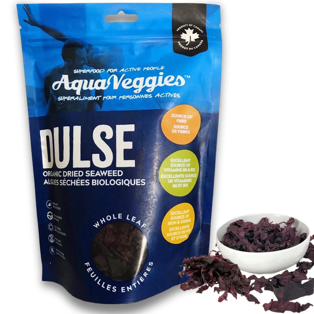Aqua Veggies Organic Dulse Whole Leaf - Sun-Dried Atlantic Seaweed from Bay of Fundy - Iodine-Rich Vegan Superfood - B6, B12, Iron, Calcium, Magnesium