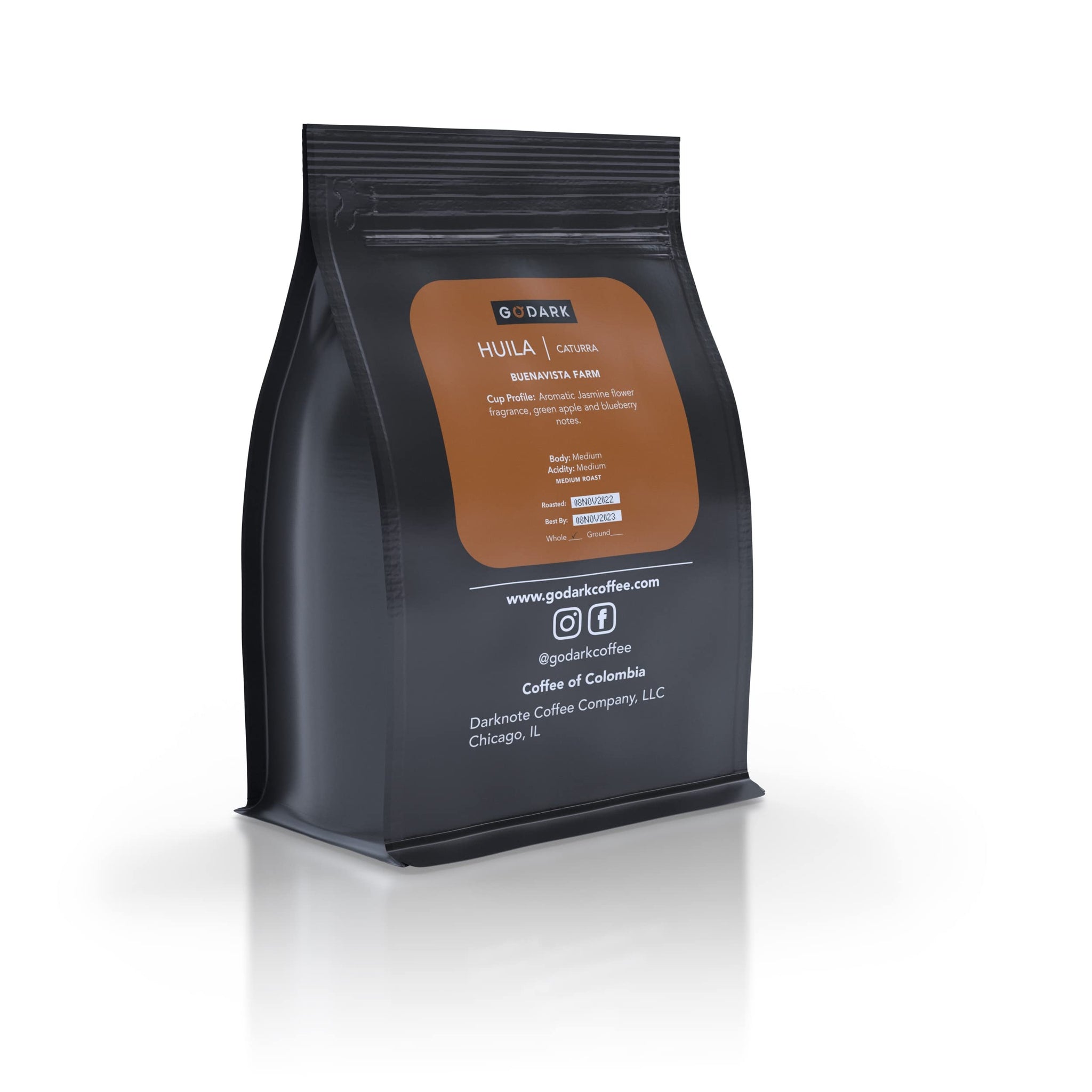 Colombian Caturra Coffee from Huila Region, Buenavista Farm, Medium Roast, 1 Bag, Whole Bean.