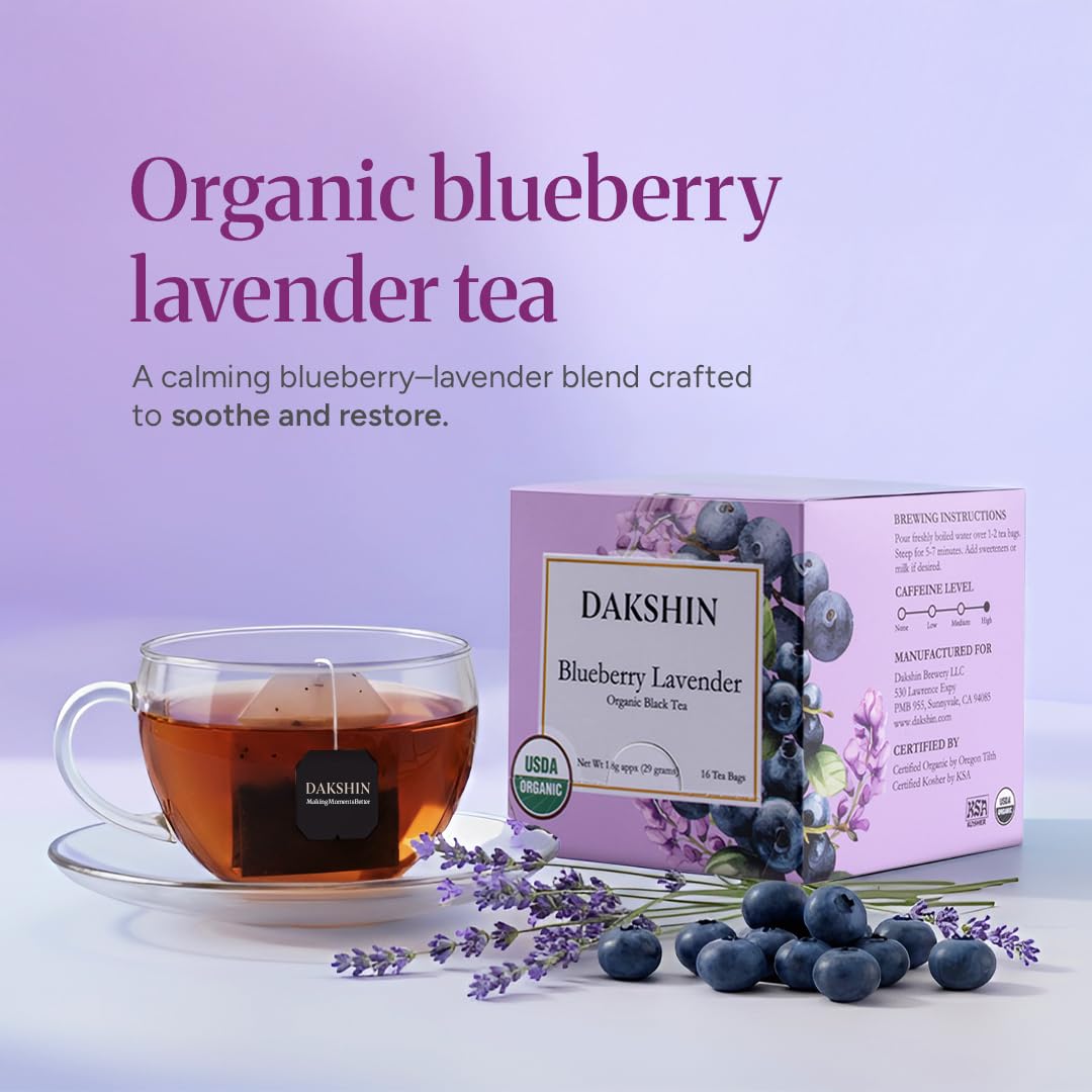 DAKSHIN Organic Blueberry Lavender Tea Bags | Black Tea with Lavender Petals, Dried Blueberry & Rosehip | Antioxidant & Focus Support Tea | USDA