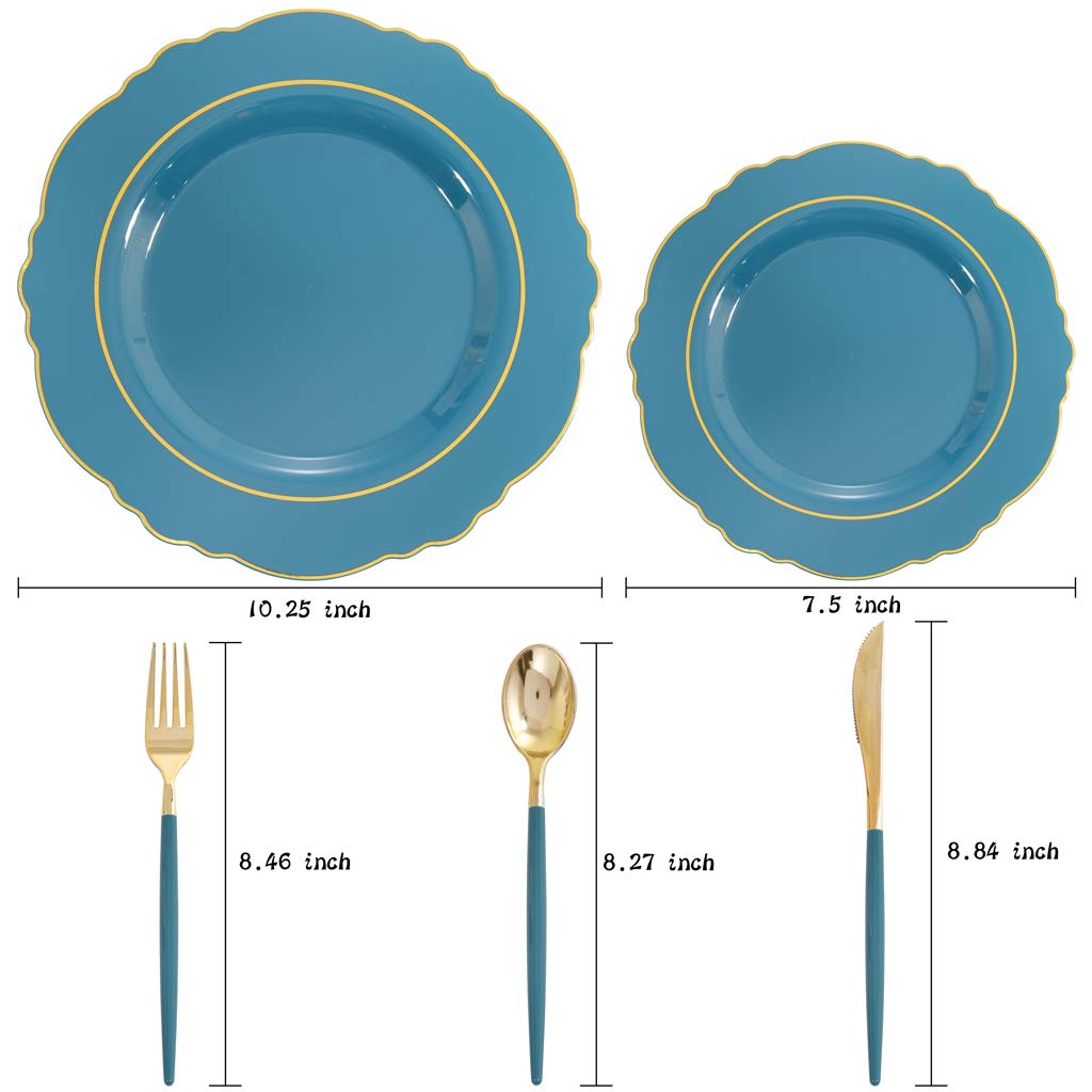 Nervure 100PCS Teal Plastic Plates With Gold Rim & Gold Disposable Silverware with Teal Handle Include 40 Plates, 60 Plastic Sivlerware for Party