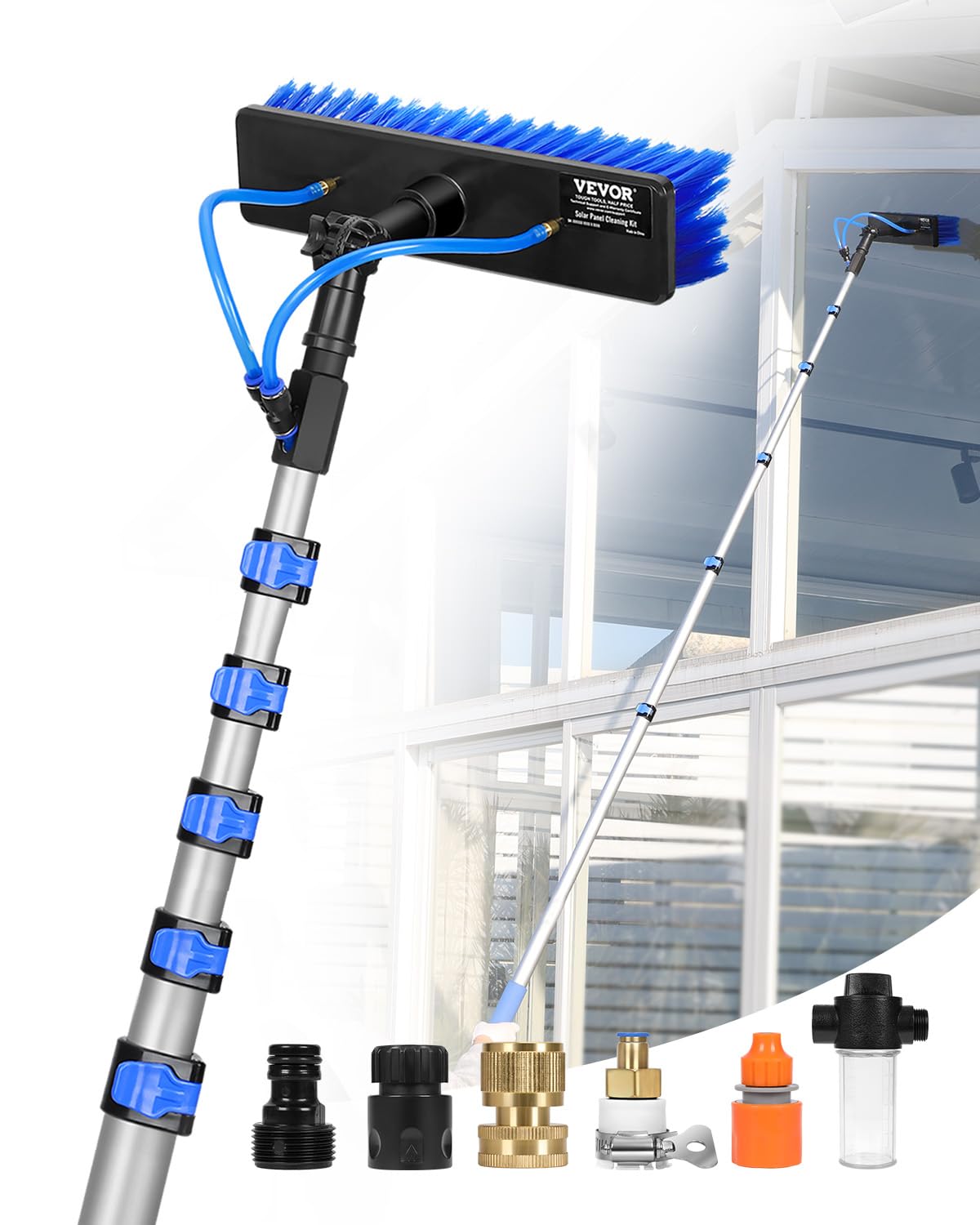 VEVOR Water Fed Pole Kit, 36FT Solar Panel Cleaning Pole with Extendable Handle, 180° Rotatable Brush Head & 65.6FT Hose, Household & Outdoor Window