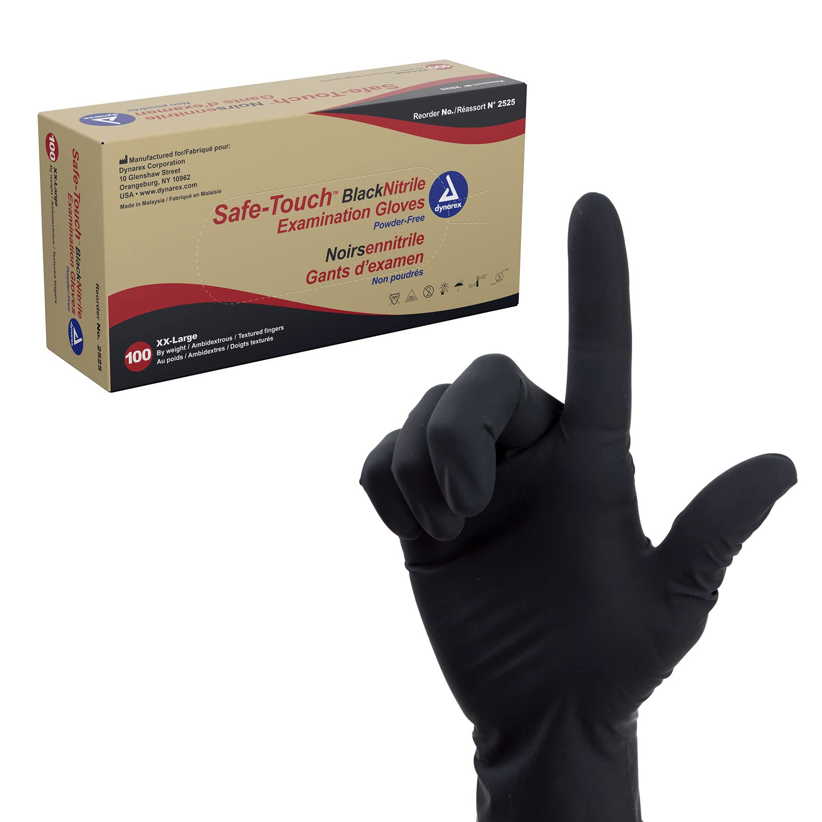 Dynarex Safe-Touch Black Disposable Nitrile Exam Gloves, Powder-Free, Used in Healthcare and Professional Settings, Extra-Extra-Large, 1 Box of 100