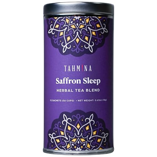 Tahmina Saffron Sleep Caffeine Free Tea: Soothing Chamomile and Lavender with Saffron, 12 Biodegradable Pyramid Tea Bags, Makes 36 Cups of Tea (1