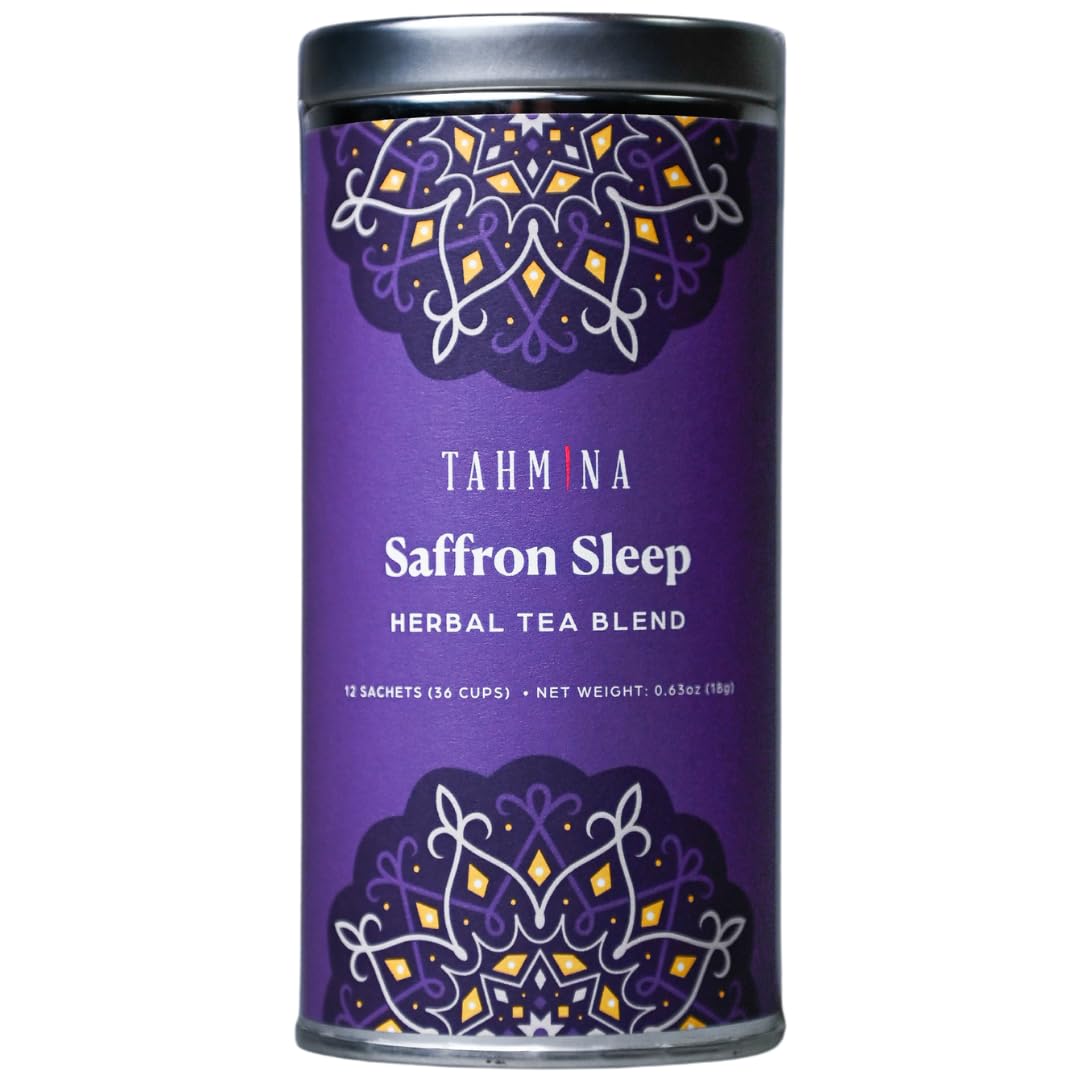 Tahmina Saffron Sleep Caffeine Free Tea: Soothing Chamomile and Lavender with Saffron, 12 Biodegradable Pyramid Tea Bags, Makes 36 Cups of Tea (1