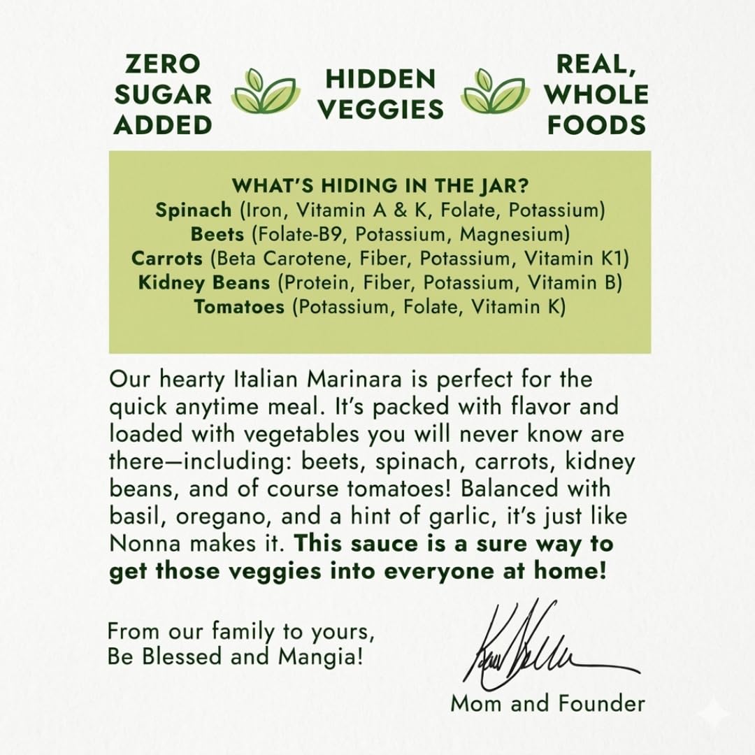 Hidden Foods Slow Cooked Marinara Sauce with Natural Vegetables, 24 oz. Jar, Low Carb and Low Sodium, No Sugar Added, Thick and Delicious Flavor