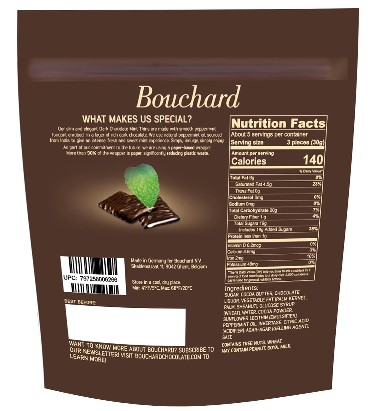 Bouchard Dark Chocolate Mint Thins (72% Cacao) 5.3 OZ (0.3 LB/150g)