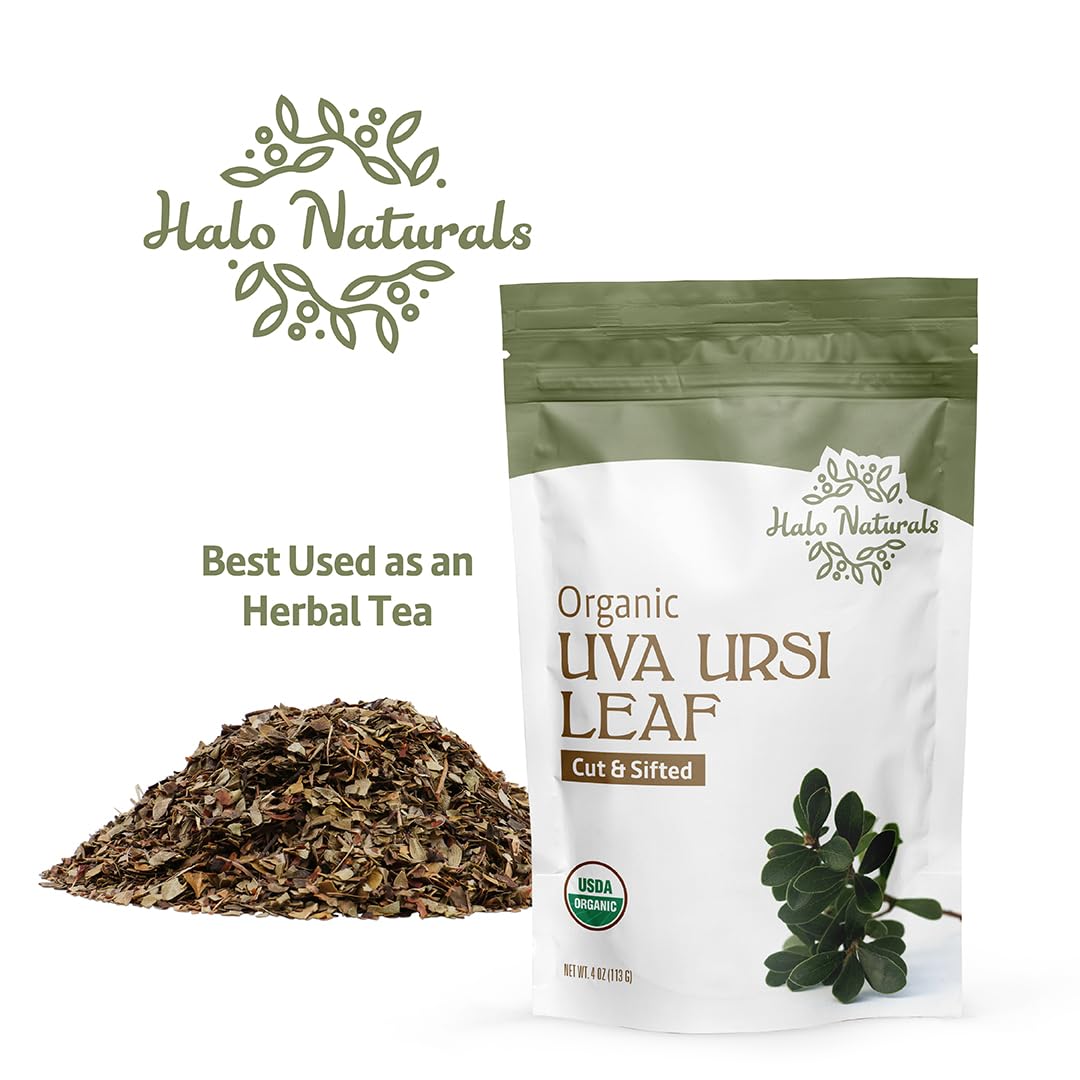 Halo Naturals Organic Uva Ursi Leaf Cut & Sifted, 4 Ounces (Arctostaphylos uva ursi) USDA Certified | Resealable Pouch| Packaged in The USA