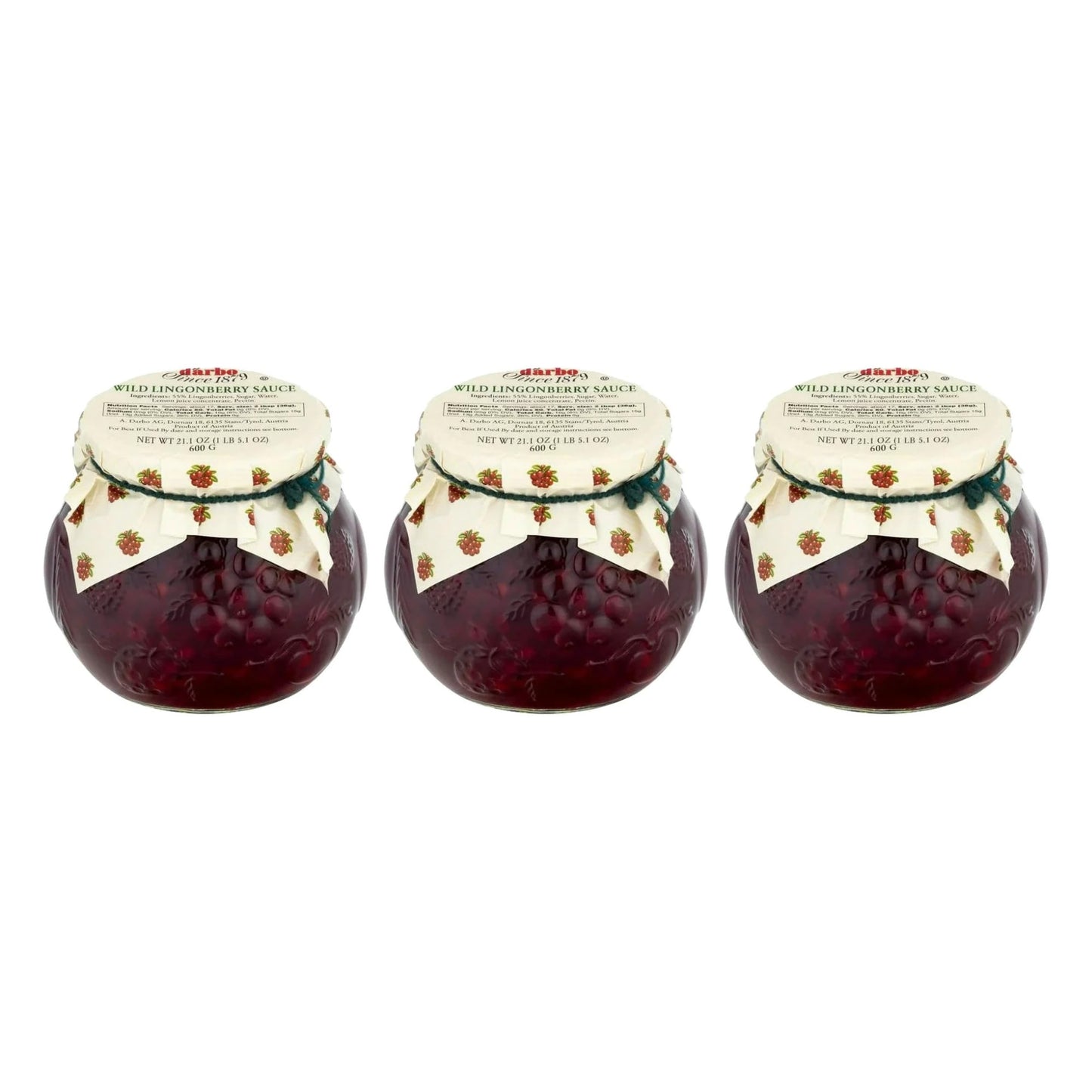 D'arbo Wild Lingonberry Sauce - Premium Fruit Spread, 21.1 oz Jars (600g) - Authentic Austrian Recipe, Ideal for Meats, Cheeses & Desserts | Pack of 3