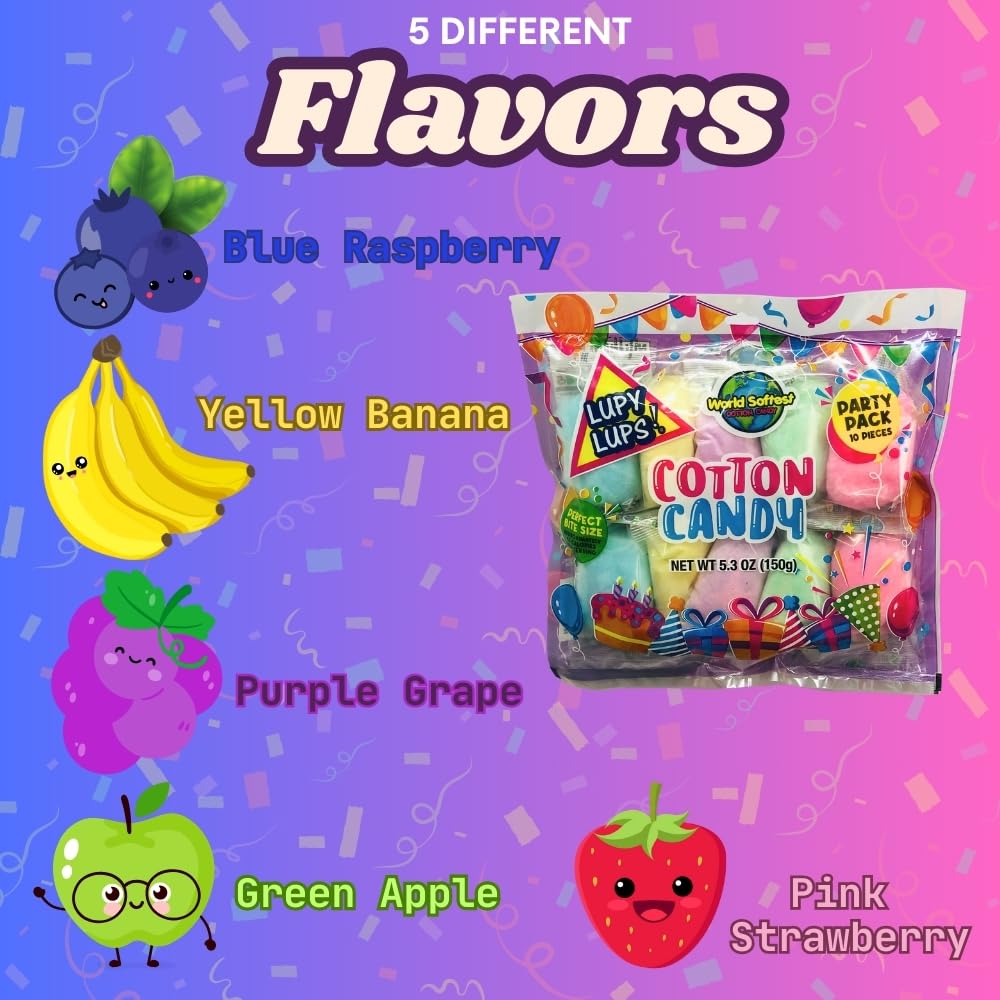 Lupy Lups! Cotton Candy Party Pack - Individually Wrapped Mini Bags, 0.5 oz Each - Perfect for Parties, Stockings & Piñatas - Assorted Flavors - Pack