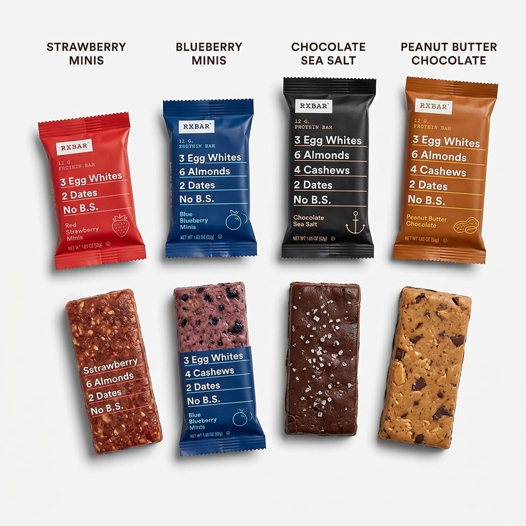 RXBAR Protein Bar Variety Pack, Regular & Mini Bars, 21 Count - Chocolate Sea Salt, Peanut Butter Chocolate, Blueberry & Strawberry - Whole Food