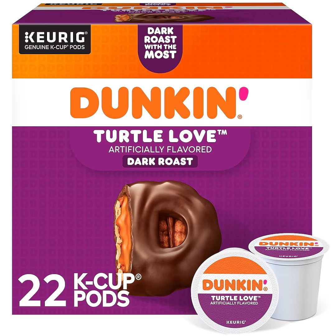 Dunkin' Turtle Love Dark Roast K-Cup Pods, 22 Count, Caramel Pecan Chocolate Flavor, Caffeinated, Kosher