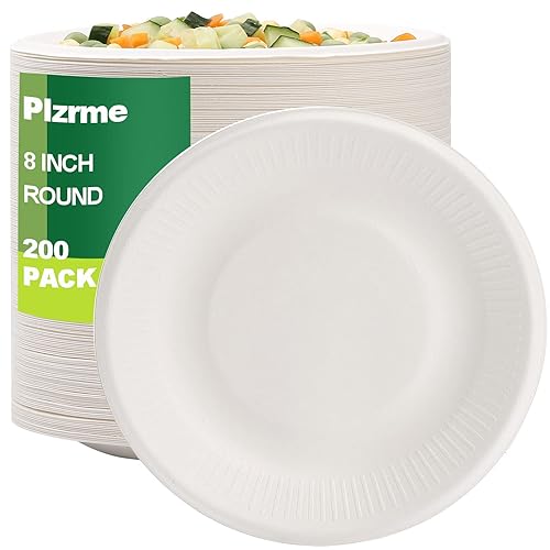 Eco-friendly 200 Pack Disposable Paper Plates, 100% Compostable & Biodegradable, Heavy-Duty Sugarcane Plates for Party, Picnic (8in)