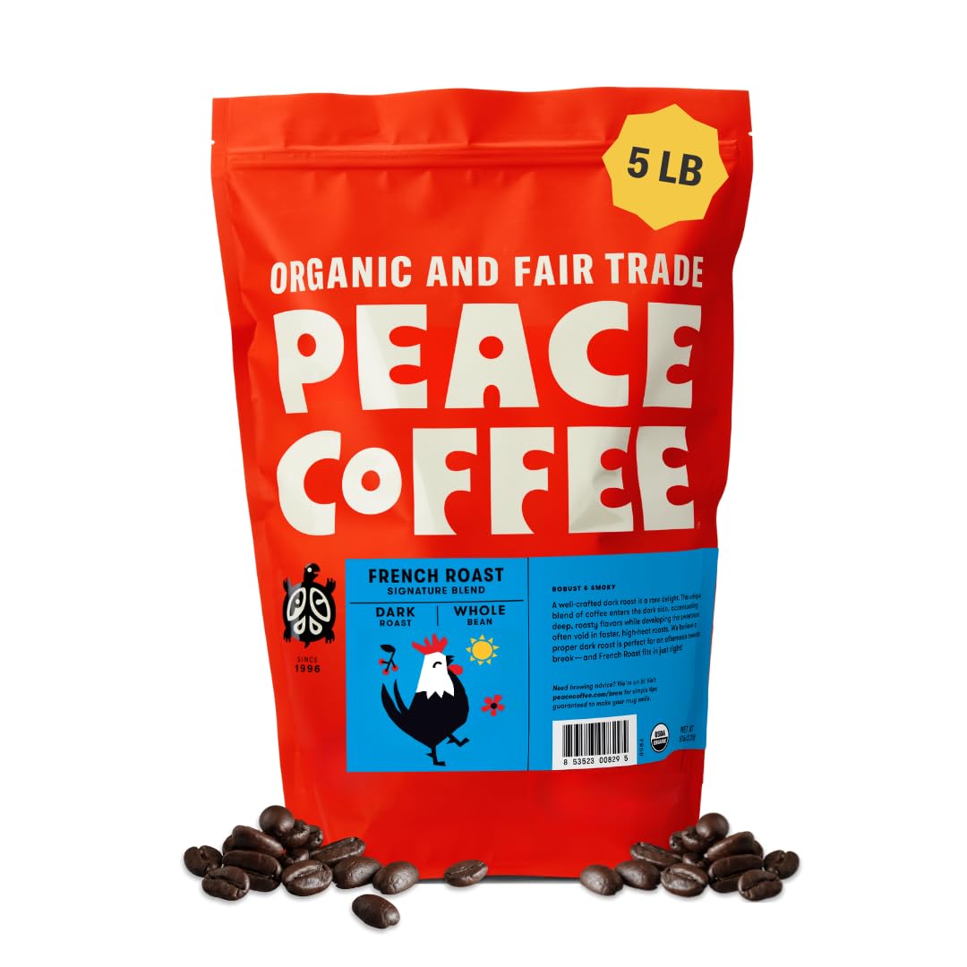 Peace Coffee French Roast Whole Bean Coffee, Dark Roast, 5 lb, Organic Fair Trade, Nutty, Bold Flavor, Shade Grown, Fresh Roasted