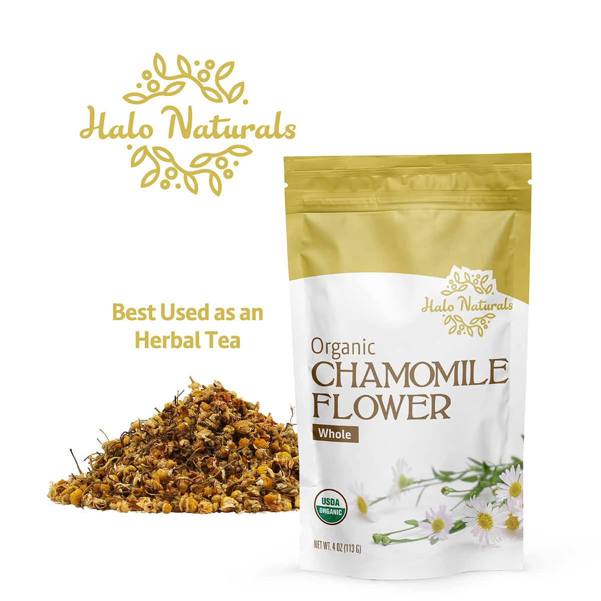 Halo Naturals Organic Chamomile Flower Whole Tea, 4 Ounces (Matricaria recutita) USDA Certified | Resealable Pouch| Packaged in The USA (Pack of 1)