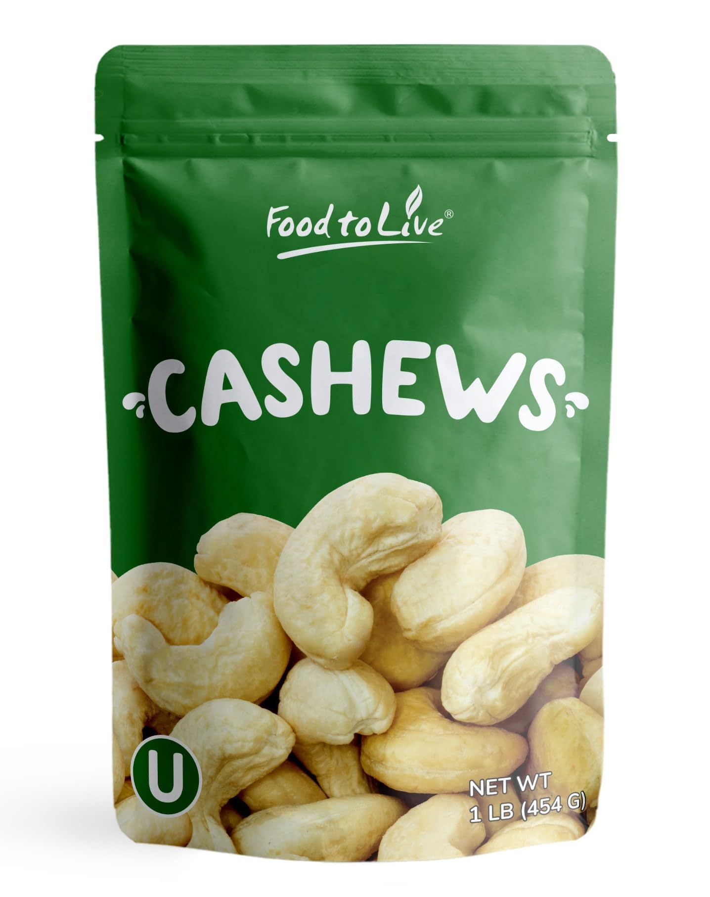 Food to Live Raw Cashews, 1 Pound - Deluxe Whole Nuts, Unsalted, Unroasted, Size W-320, Vegan, Kosher, Bulk