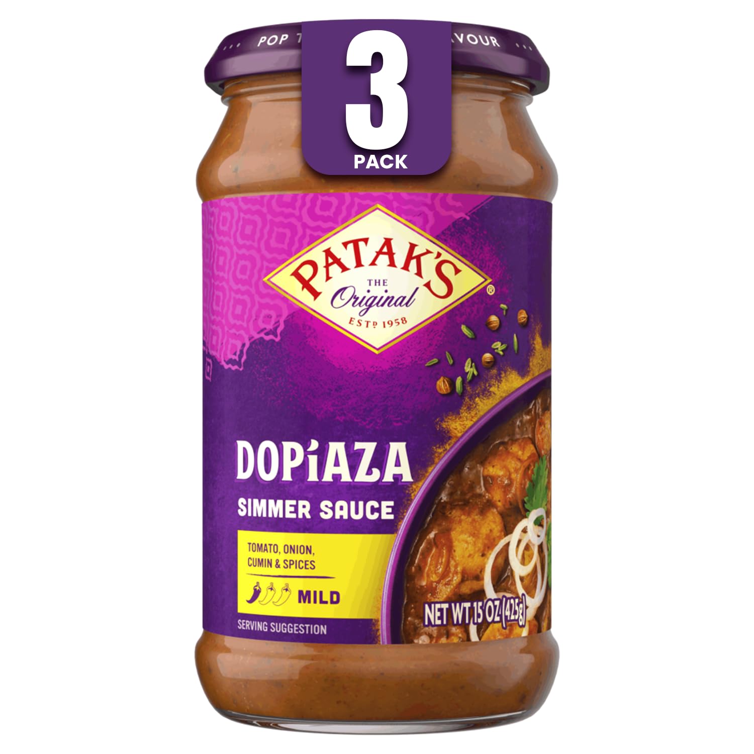 Patak’s Dopiaza Simmer Sauce - Tomato-Based Curry Sauce with Sweet & Sharp Onion Flavor - Gluten-Free & Vegan Indian Sauce - Perfect for Quick