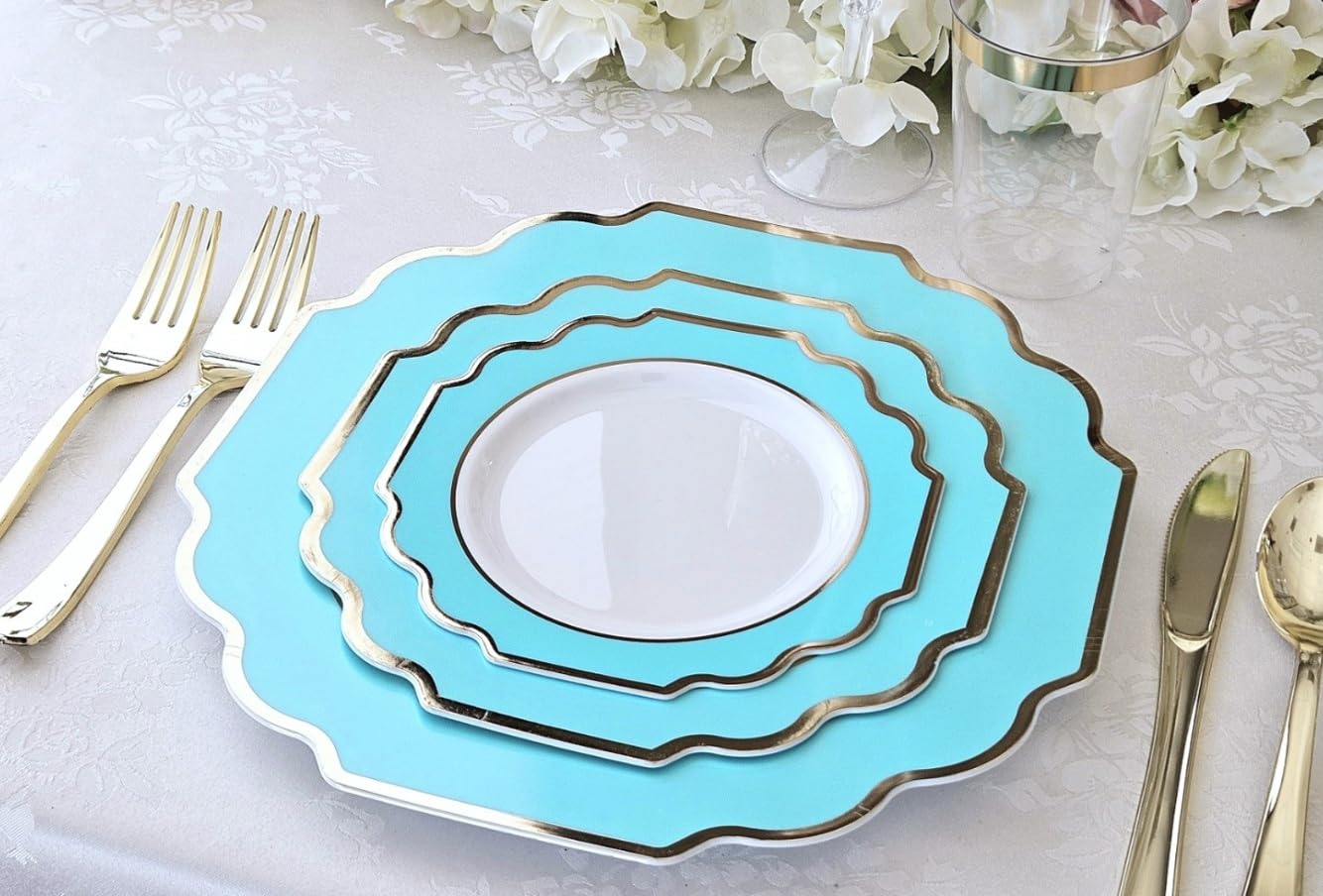 " OCCASIONS " 40 Plates Pack, Heavyweight Disposable Wedding Party Plastic Plates (10.5'' Dinner Plate, Imperial Aqua & Gold)