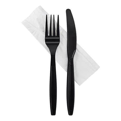 Karat 500 Count Black Wrapped PP Plastic Heavy-Weight Cutlery Set with Napkin (Knife, Fork, 1-Ply Napkin) U2207B