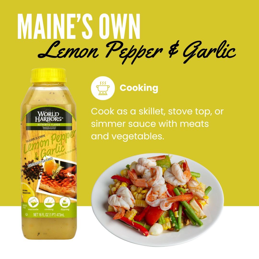 World Harbors Lemon Pepper Garlic Sauce & Marinade, Made in Maine, Ideal for Chicken Wings, Seafood, Grilled Meats, Salads, Stir-Fries, Sandwiches