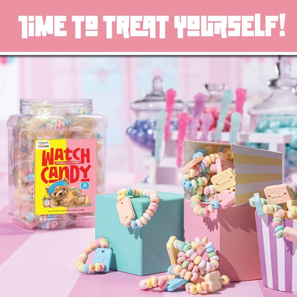 50 Candy Bracelet Watches, Nostalgic Candy Jewelry Individually Wrapped, Delicious and Perfect for Party Favors, Goody Bags and Birthdays, by