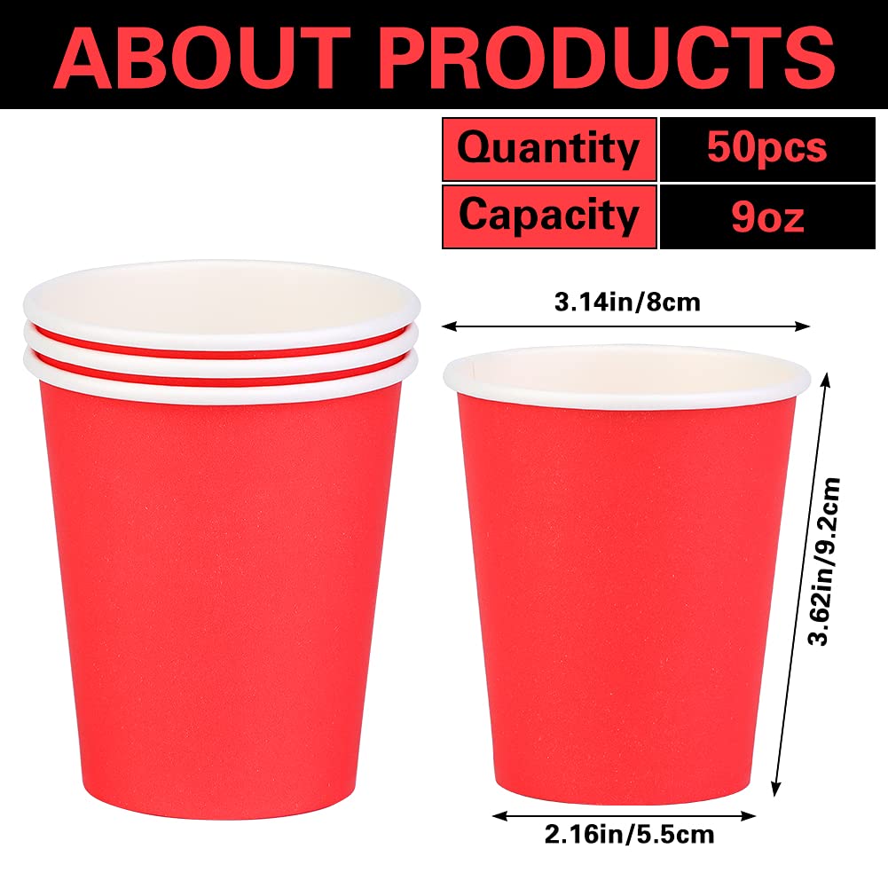 Prgery Paper Cups 8 oz 50 Pack, Disposable Paper Coffee Cups for Hot or Cold Beverage Drinking for Party, Picnic, BBQ, Travel, and Event -Red