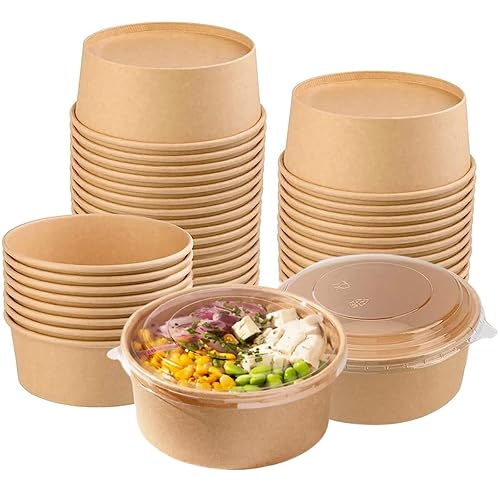 Galashield Disposable Bowls with Lid | Meal Prep Paper Bowls | To Go Salad Ramen Food Containers with Lids (17 oz - 25 Sets)