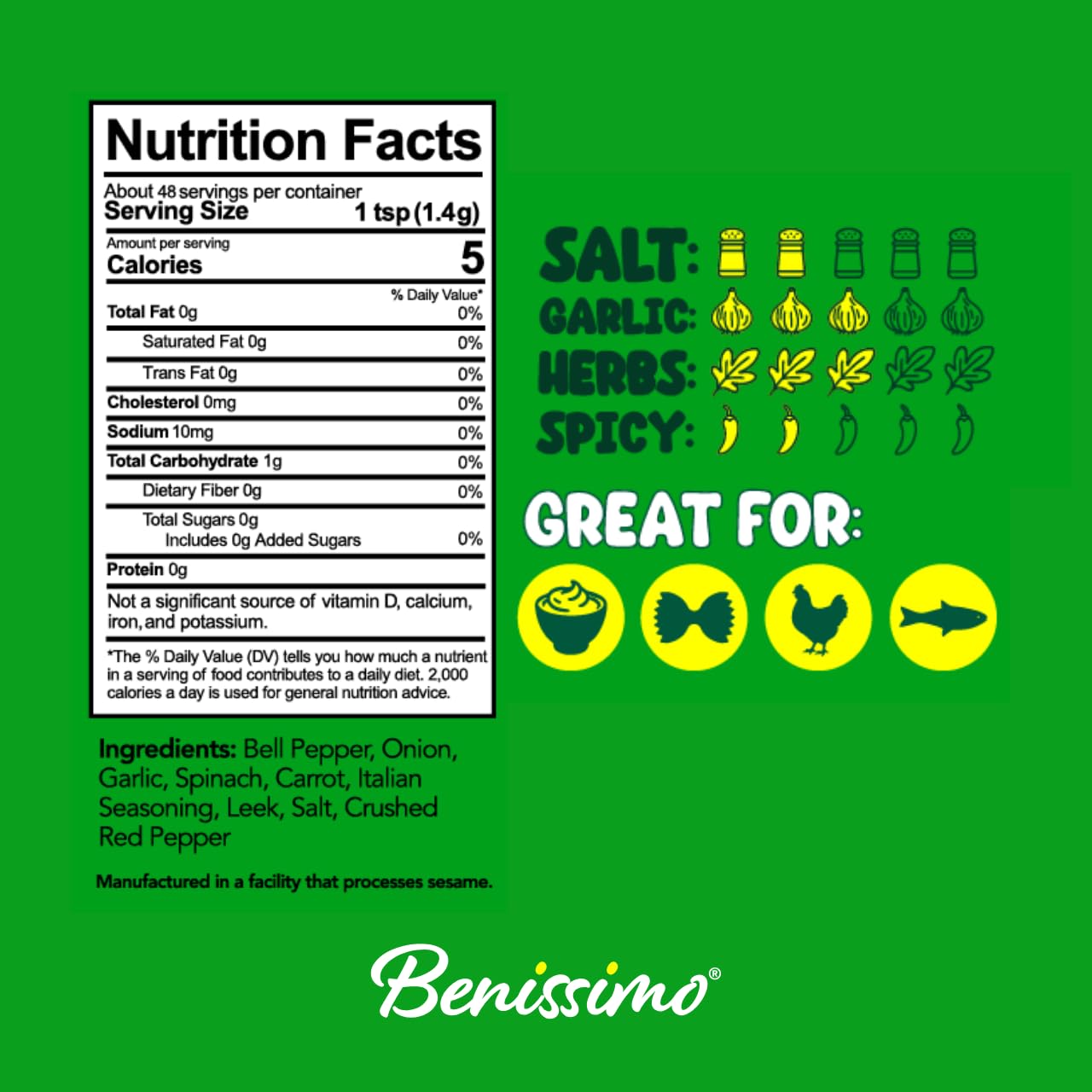 Benissimo Garden Vegetable Seasoning, Vegetable & Herb Blend for Roasted Vegetables, Dips, Pasta, Soups, Potatoes & Marinades with Pet Shaker | 8.5
