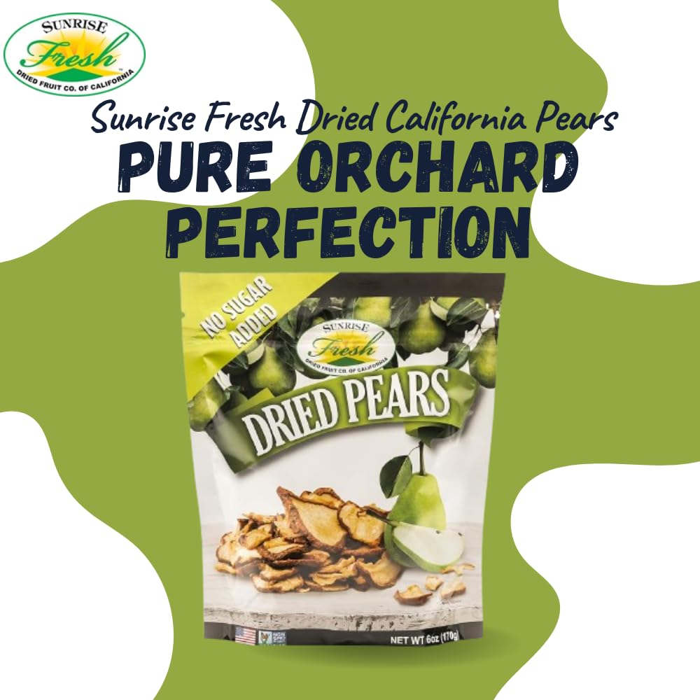 Sunrise Fresh Dried Fruit - Dried California Pears - All-Natural, Dehydrated, Unsweetened, No Added Sugar, Resealable Snack, 6oz Bag