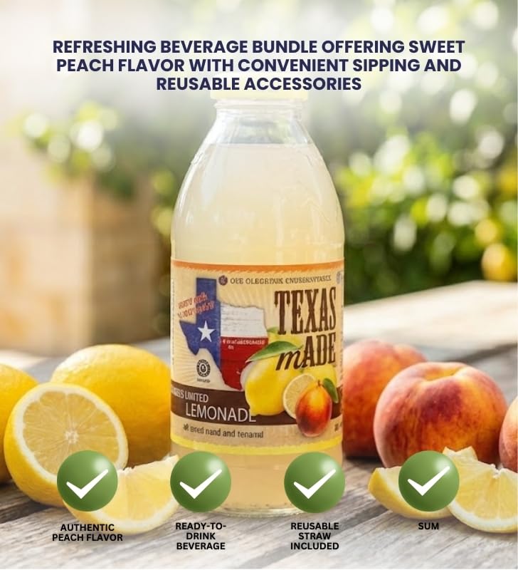 Lemonade 16oz Bundle with Reusable Straw - Refreshing Peach Lemon Beverage with Natural Flavors for Easy Serving - Gift Set (2 Items)