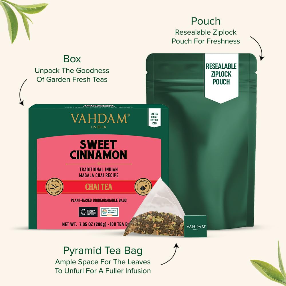 VAHDAM, Sweet Cinnamon Tea Bags (100 Pyramid Tea Bags) Non GMO, Gluten Free, No Artificial Flavor | Cinnamon Masala Chai Tea Bags | Whole Leaf Tea