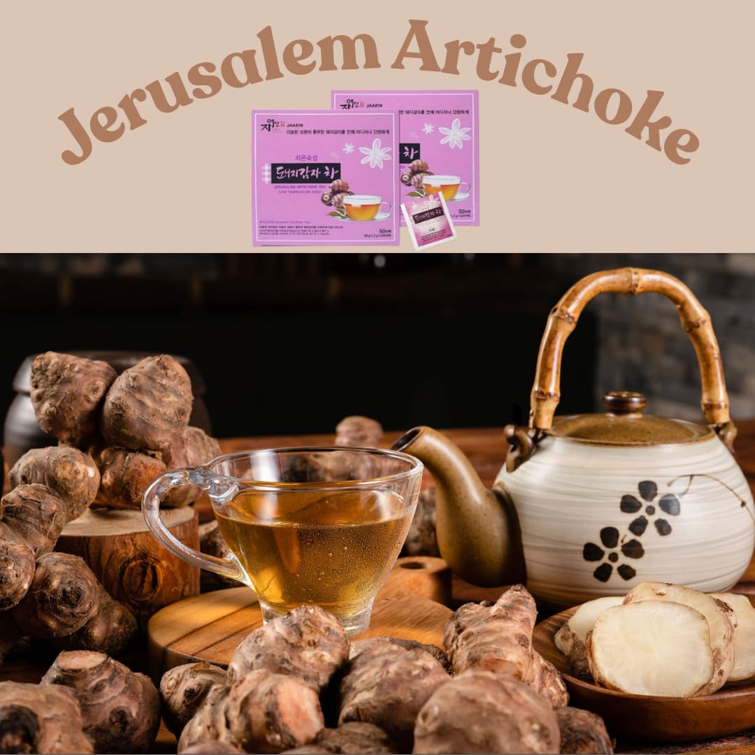 Jaaein Jerusalem Artichoke Tea, No Sugar, Caffeine Free, Gluten Free, Vegan, Low Temperature Aged (50 Tea Bags) Product of KOREA
