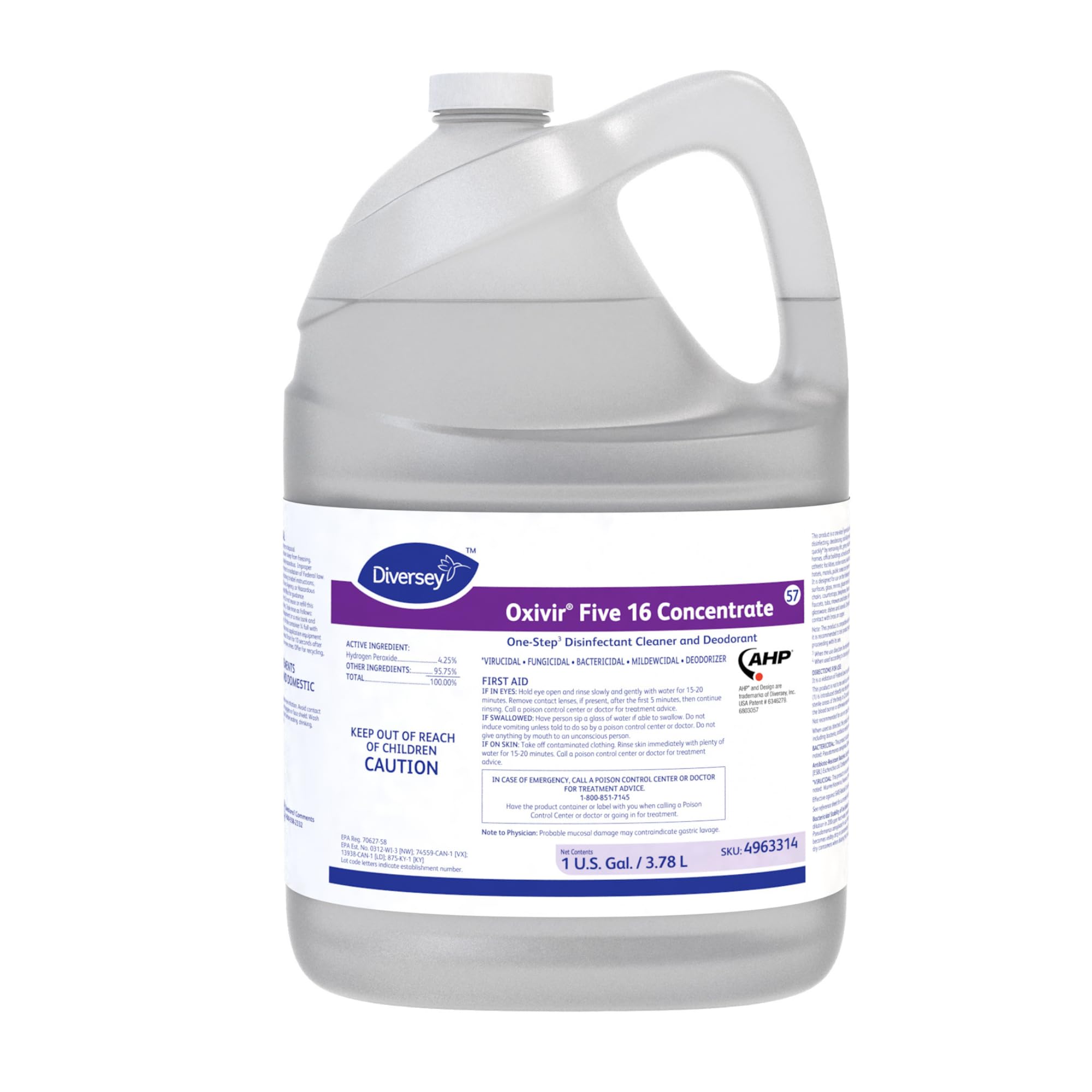 Oxivir Diversey 4963314 Five 16 One-Step Hospital Strength Disinfectant Liquid Cleaner, Accelerated Hydrogen Peroxide, Concentrate, 1-Gallon