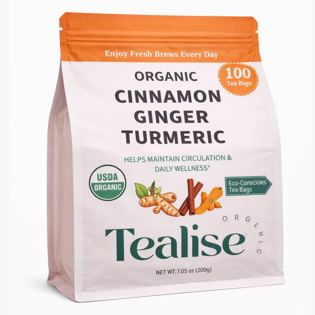 Organic Turmeric Ginger Cinnamon Herbal Tea Bags - Turmeric Ginger Herbal Tea - Caffeine Free Herbal Tea - 100 Plant-Based Tea Bags - USDA Organic