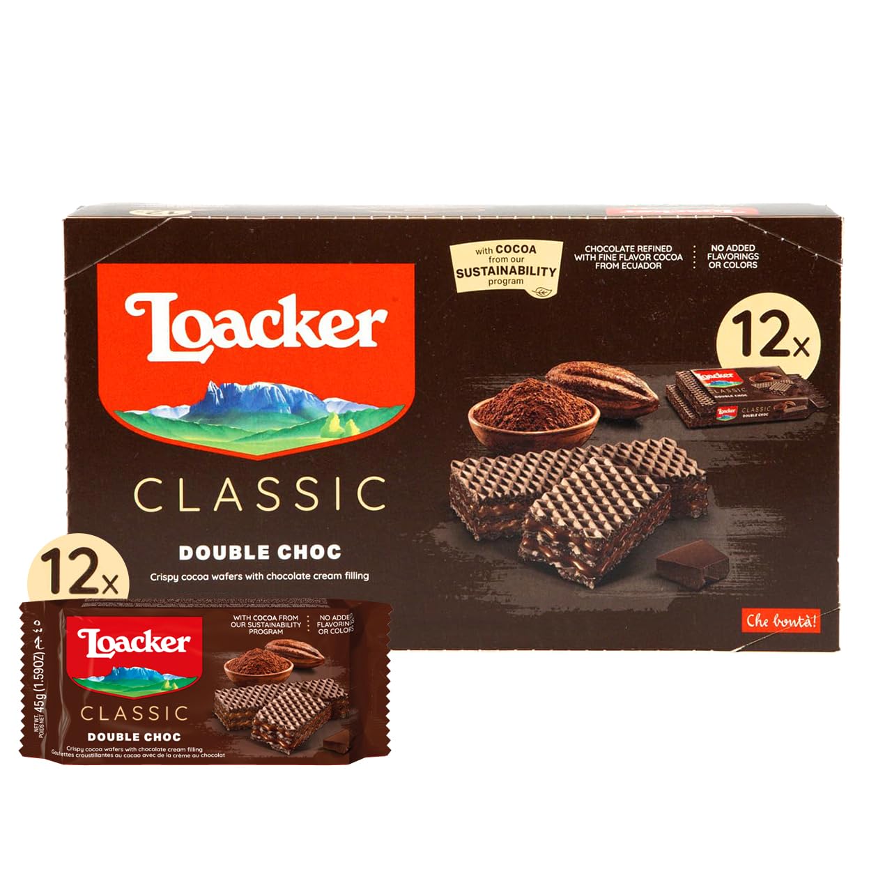 Loacker Classic Double Choc Wafers - Premium Crispy Cocoa Wafer Cookies with Chocolate Cream Filling - Multipack of 12 Snack Packs - NON-GMO