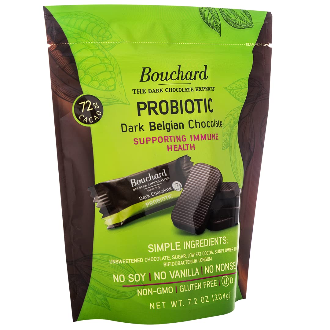 Bouchard Probiotic Dark Belgian Chocolate (72% Cacao) | Individually Wrapped in Resealable Bag | No Soy, No Vanilla, No Nonsense | Non-GMO, Gluten