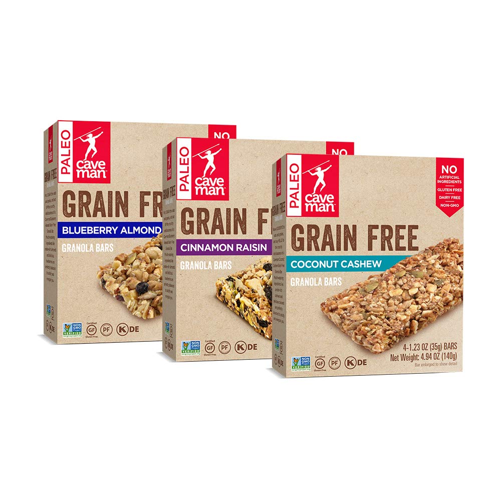 Caveman Foods Grain-Free Granola Bar Variety Pack - Coconut Cashew Blueberry Almond Cinnamon Raisin - 4 Count Box (Pack of 3)