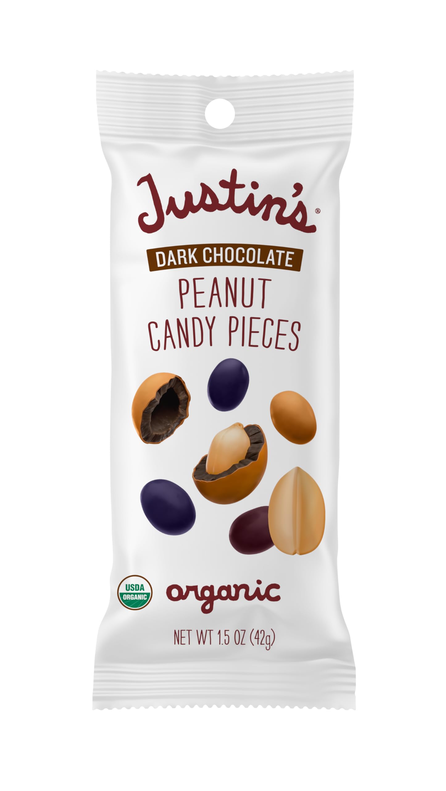 Justin's Dark Chocolate Peanut Candy Pieces 12pk of 1.5oz bags Organic, Gluten Free, Non-GMO, Responsibly Source, Rainforest Alliance Certified Cocoa