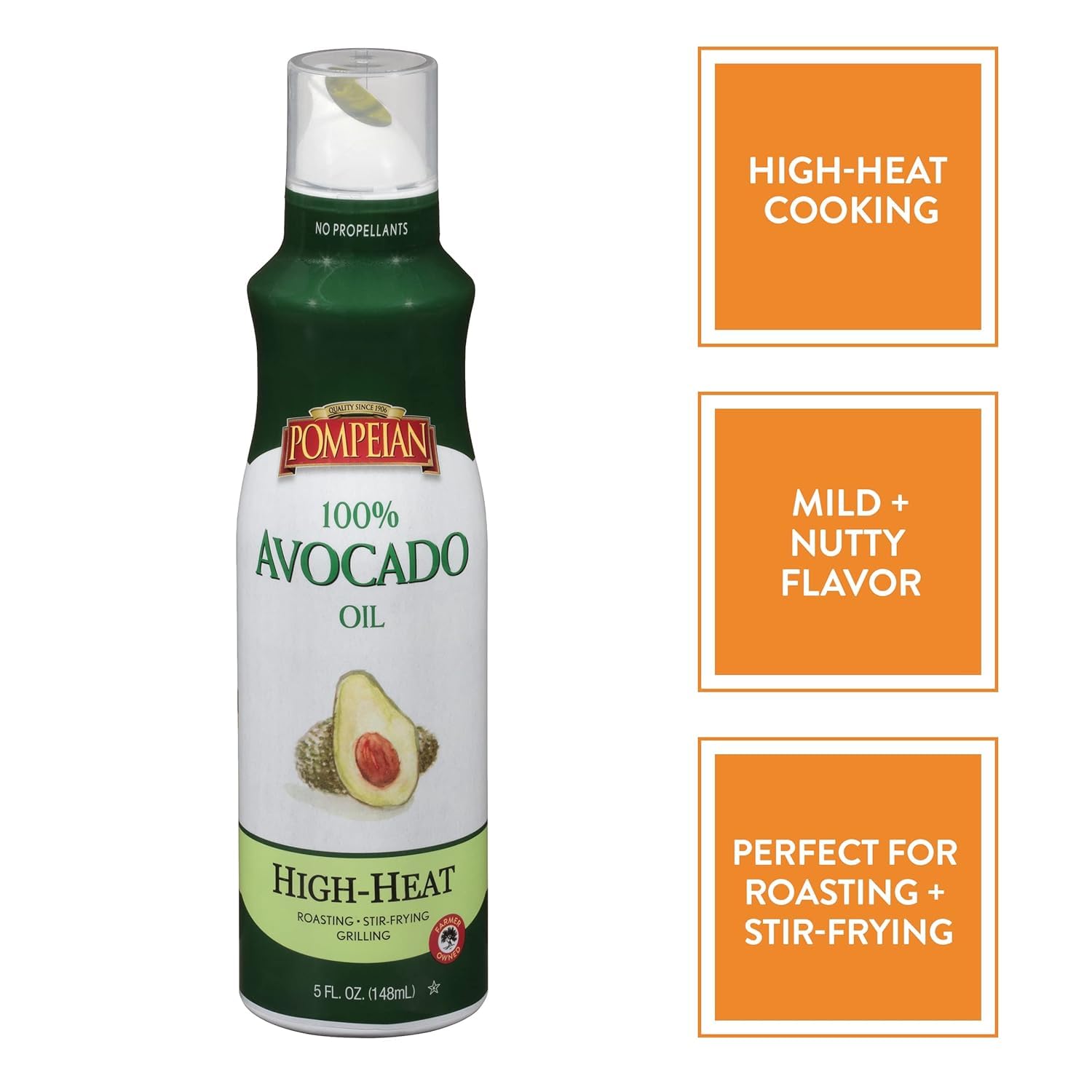 Pompeian 100% Avocado Oil Cooking Spray - 5 Fl Oz - No Propellants - High Heat Olive Oil for Cooking - Mild Nutty Flavor for Stir Fry, Roasting & Grilling