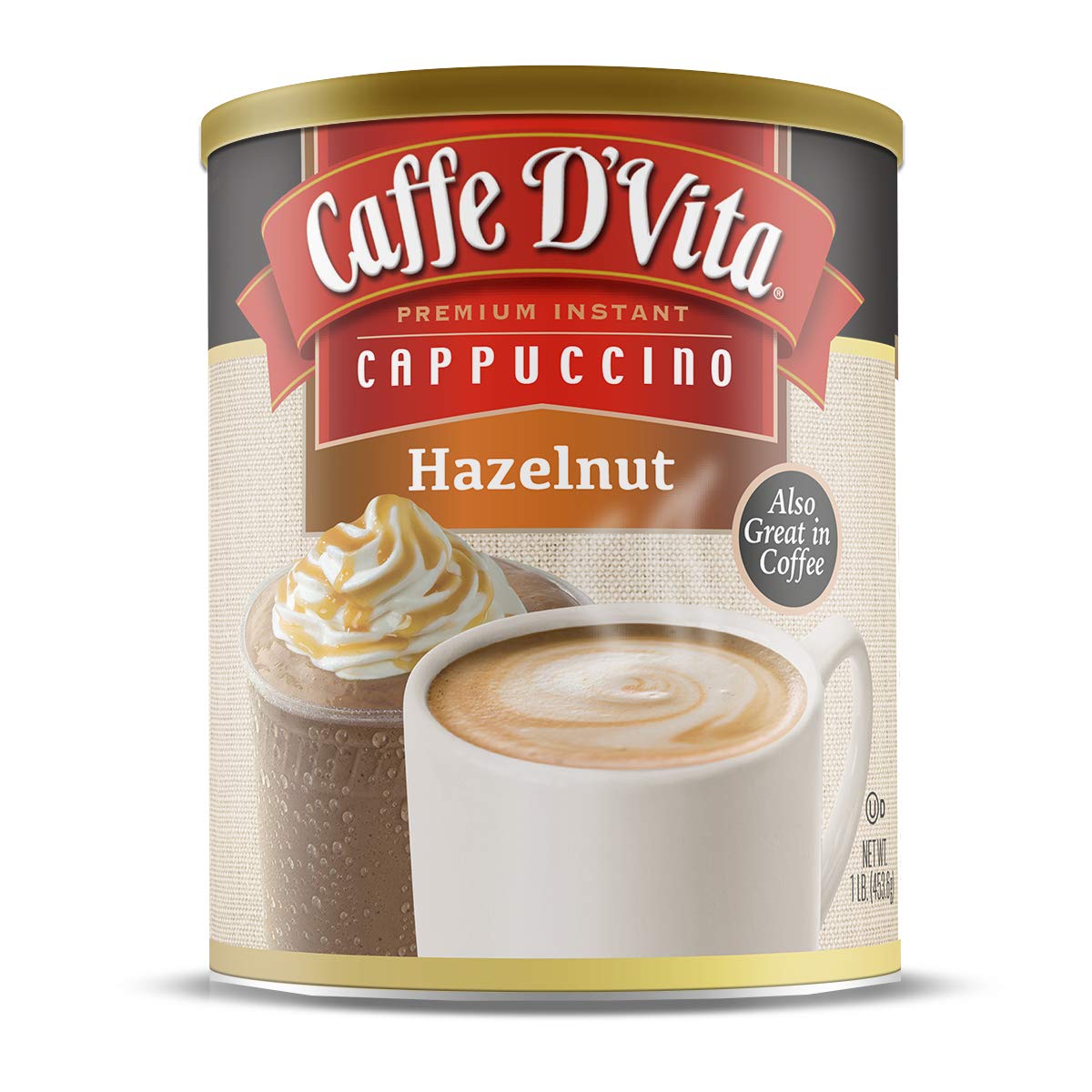 Caffe D'Vita Instant Hazelnut Cappuccino Mix - Instant Hazelnut Ground Coffee Beans, Gluten Free, No Cholesterol, No Hydrogenated Oils, No Trans Fat